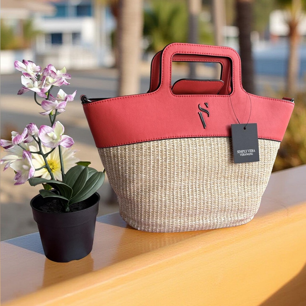 Simply Vera Vera Wang Top Handle Straw Satchel Bag, Natural Orange, Brand New